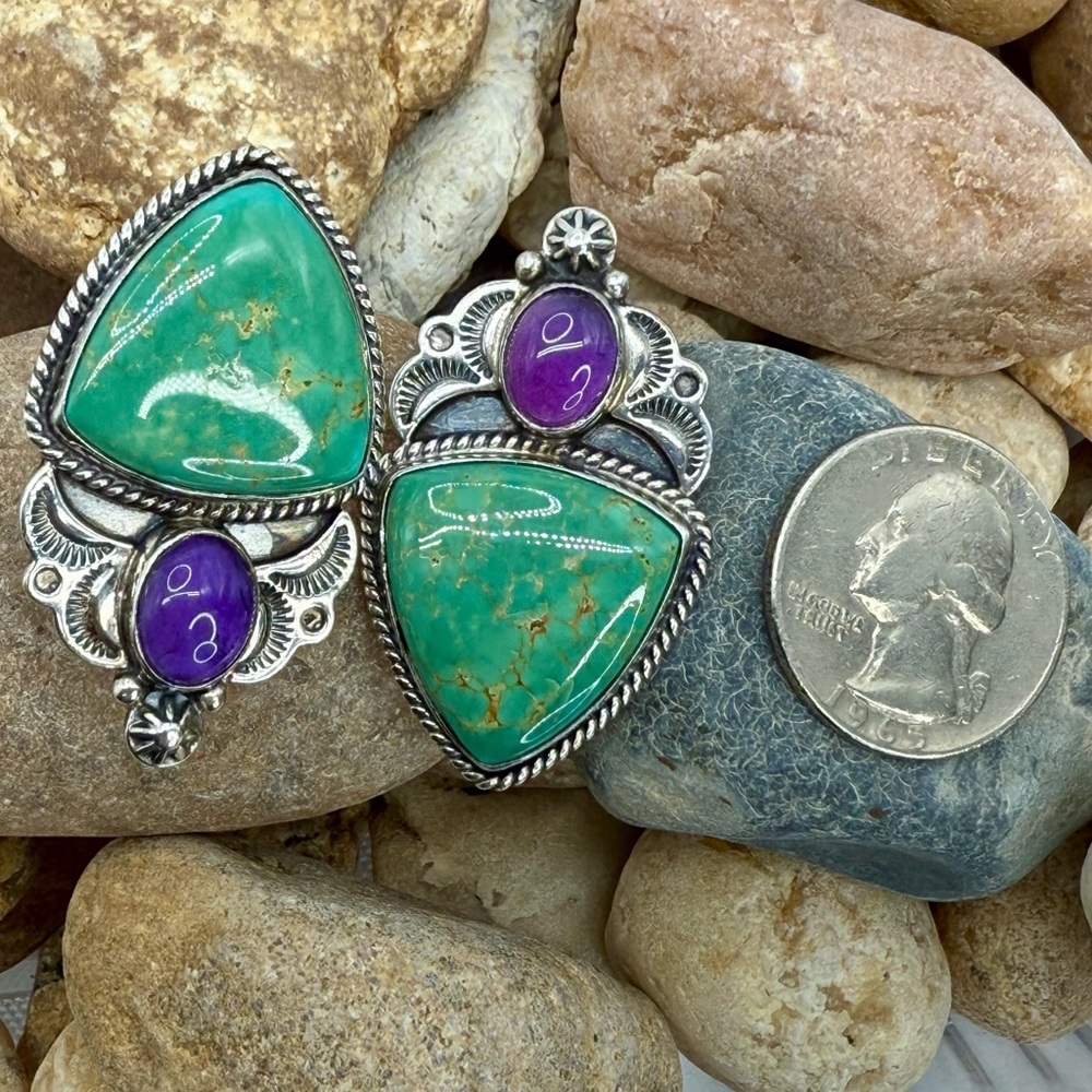 Native American Sterling Silver Turquoise & Amethyst Earrings “Revé” – 22.64g - Picture 16 of 17
